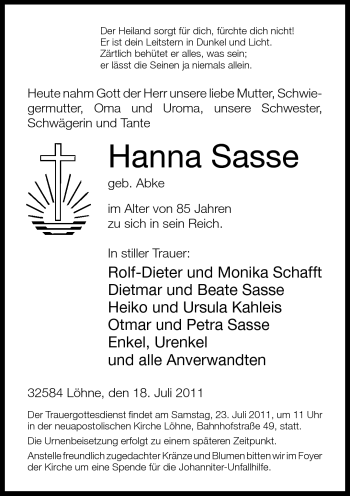 Traueranzeige von Hanna Sasse von Neue Westfälische
