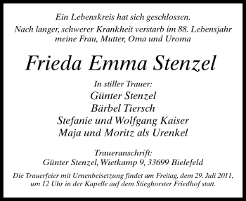 Traueranzeige von Frieda Emma Stenzel von Neue Westfälische