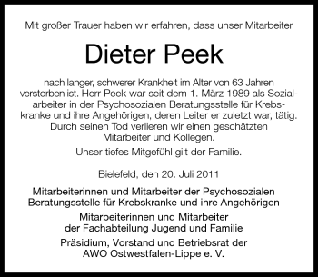 Traueranzeige von Dieter Peek von Neue Westfälische