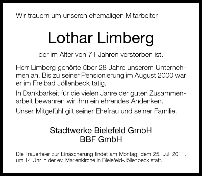  Traueranzeige für Lothar Limberg vom 21.07.2011 aus Neue Westfälische