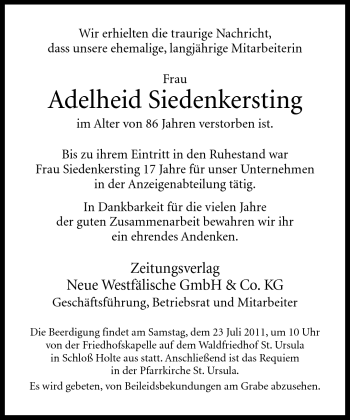 Traueranzeige von Adelheid Siedenkersting von Neue Westfälische
