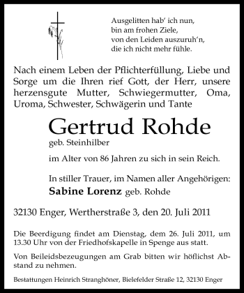 Traueranzeige von Gertrud Rohde von Neue Westfälische