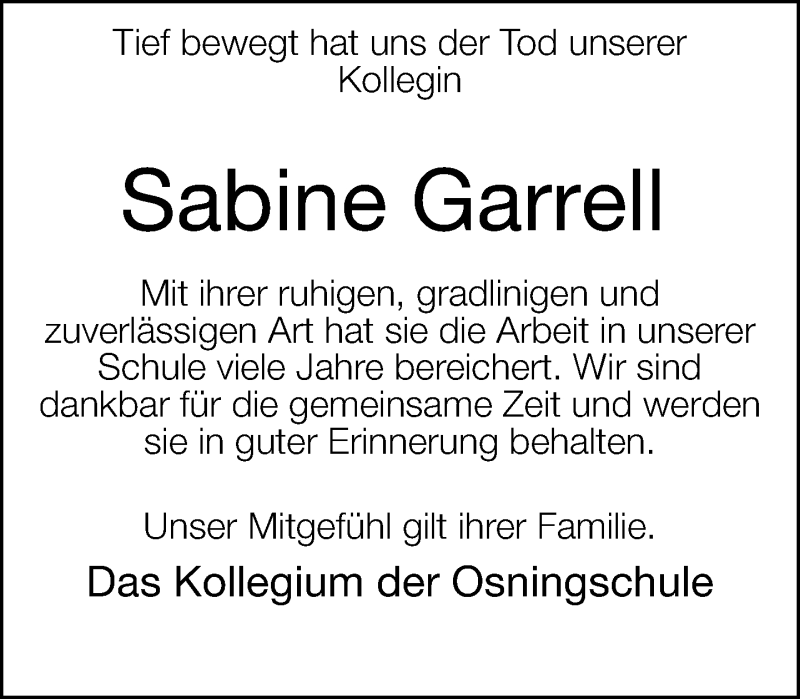  Traueranzeige für Sabine Garrell vom 14.09.2013 aus Neue Westfälische