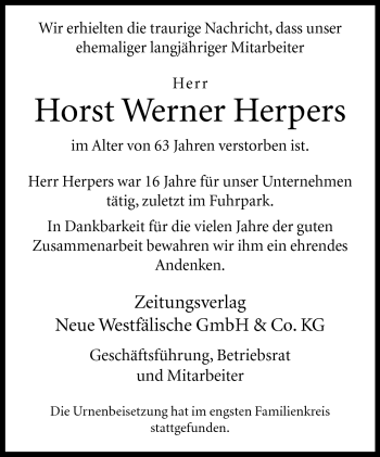 Traueranzeige von Horst Werner Herpers von Neue Westfälische