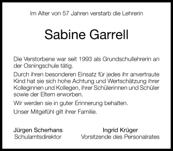 Traueranzeige von Sabine Garrell von Neue Westfälische