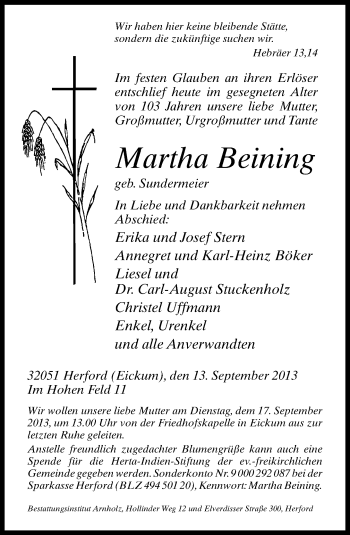 Traueranzeige von Martha Beining von Neue Westfälische
