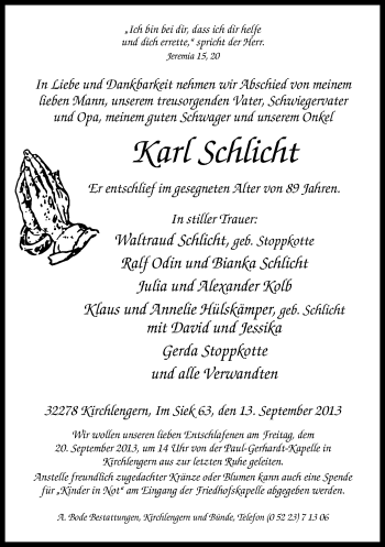 Traueranzeige von Karl Schlicht von Neue Westfälische