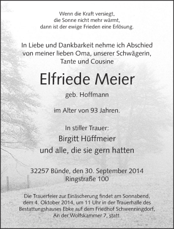 Traueranzeige von Elfriede Meier von Neue Westfälische