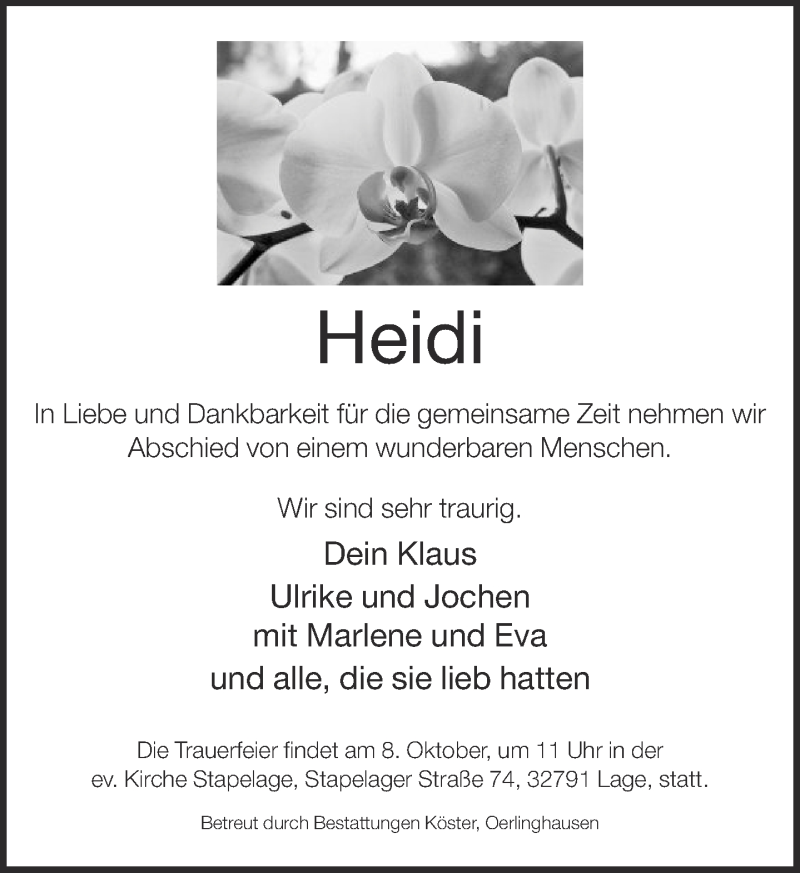  Traueranzeige für Heidi  vom 03.10.2014 aus Neue Westfälische