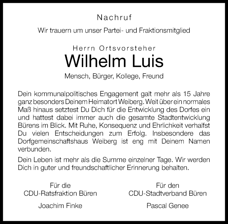  Traueranzeige für Wilhelm Luis vom 03.10.2014 aus Neue Westfälische