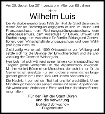 Traueranzeige von Wilhelm Luis von Neue Westfälische