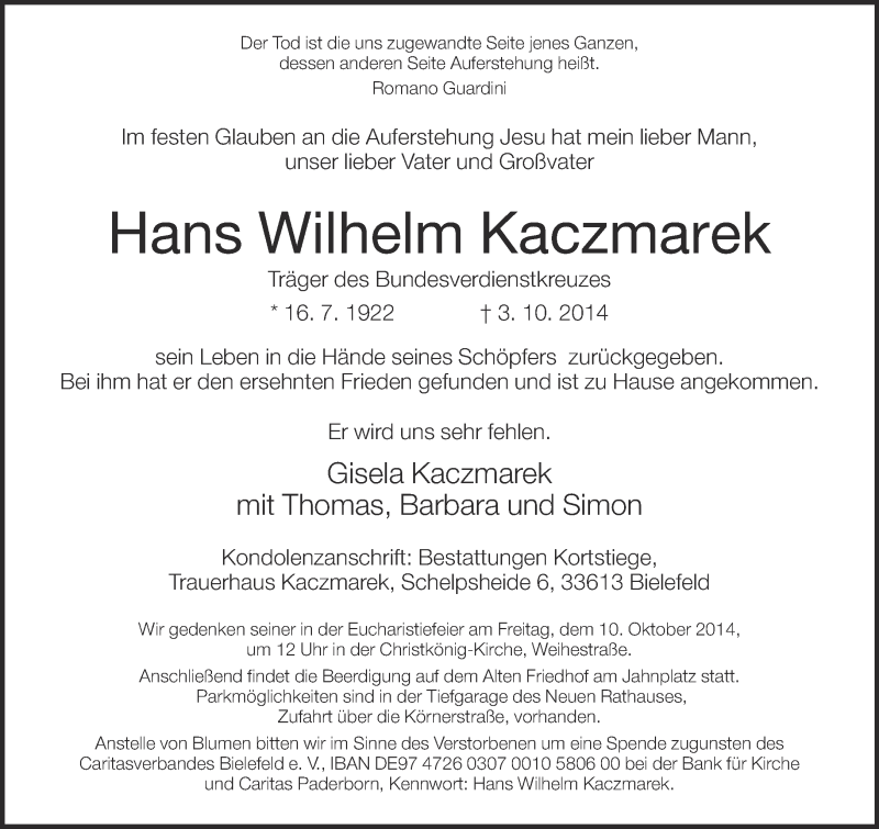  Traueranzeige für Hans Wilhelm Kaczmarek vom 07.10.2014 aus Neue Westfälische
