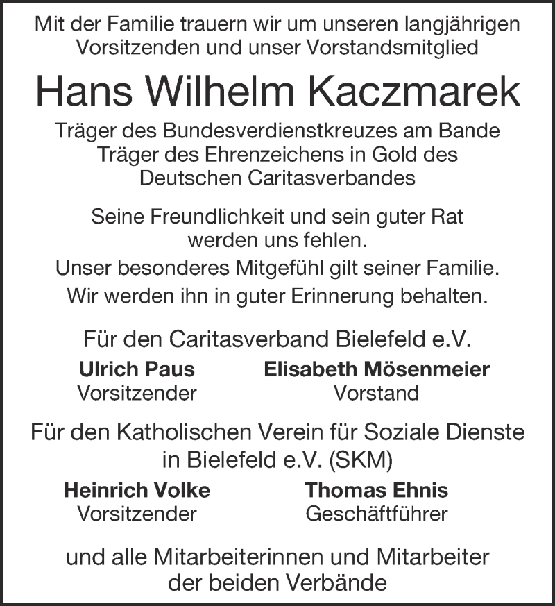  Traueranzeige für Hans Wilhelm Kaczmarek vom 08.10.2014 aus Neue Westfälische
