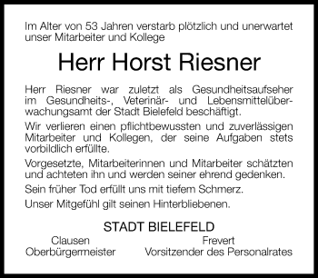 Traueranzeige von Horst Riesner von Neue Westfälische