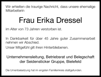 Traueranzeige von Erika Dressel von Neue Westfälische