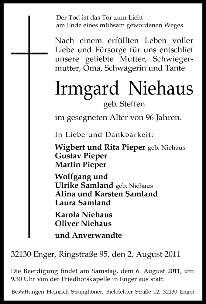  Traueranzeige für Irmgard Niehaus vom 03.08.2011 aus Neue Westfälische
