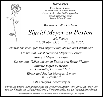 Traueranzeige von Sigrid Meyer zu Bexten von Neue Westfälische