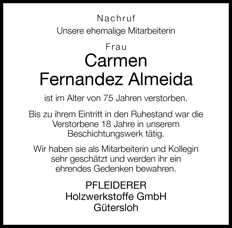  Traueranzeige für Carmen Fernandez Almeida vom 04.08.2011 aus Neue Westfälische