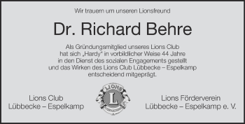 Traueranzeige von Richard Behre von Neue Westfälische