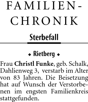 Traueranzeige von Christl Funke von Neue Westfälische