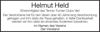 Traueranzeige von Helmut Held von Neue Westfälische