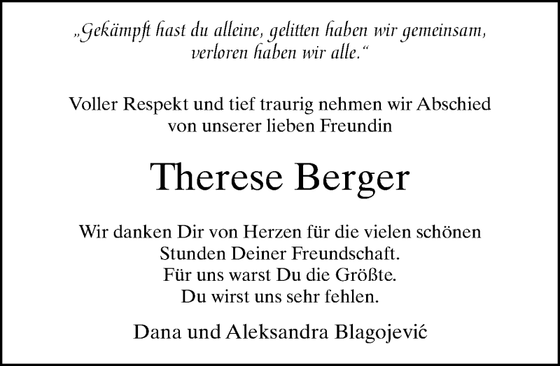  Traueranzeige für Therese Berger vom 30.01.2015 aus Neue Westfälische