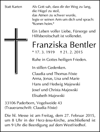 Traueranzeige von Franziska Bentler von Neue Westfälische