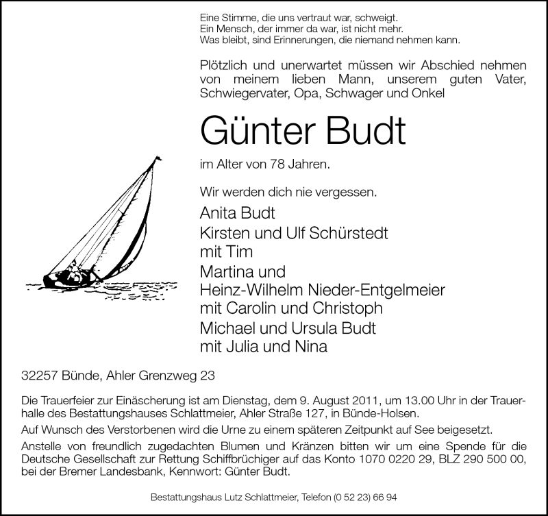  Traueranzeige für Günter Budt vom 05.08.2011 aus Neue Westfälische