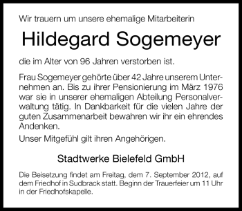 Traueranzeige von Hildegard Sogemeyer von Neue Westfälische