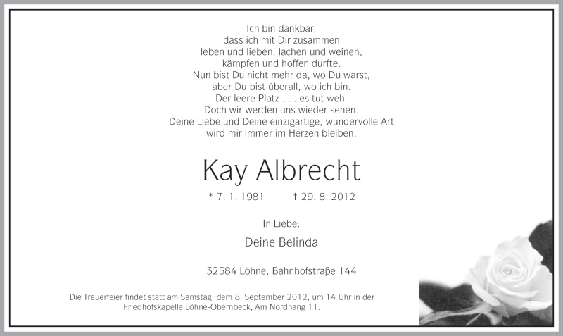  Traueranzeige für Kay - Baby Albrecht vom 05.09.2012 aus Neue Westfälische