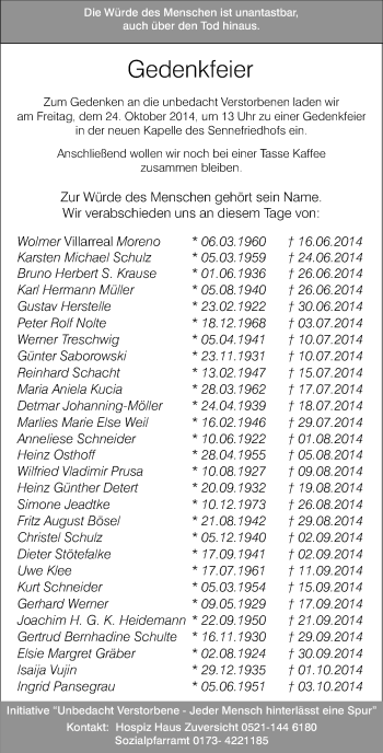 Traueranzeige von unbedacht Verstorbene vom 17.10.2014 von Neue Westfälische