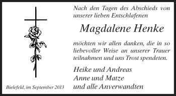 Traueranzeige von Magalene Henke von Neue Westfälische