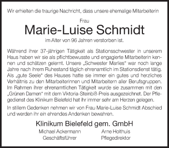 Traueranzeige von Marie-Luise Schmidt von Neue Westfälische