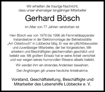 Traueranzeige von Gerhard Bösch von Neue Westfälische