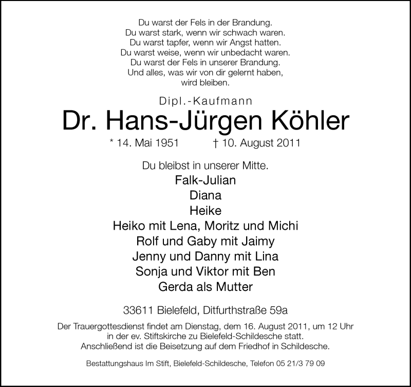  Traueranzeige für Hans-Jürgen Köhler vom 12.08.2011 aus Neue Westfälische