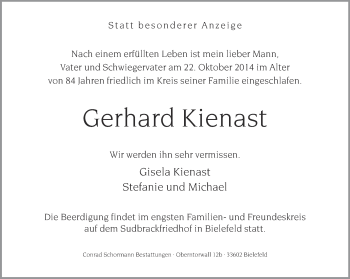 Traueranzeige von Gerhard Kienast von Neue Westfälische