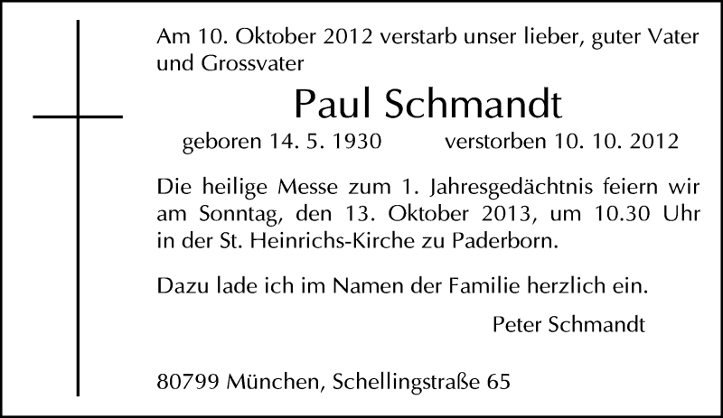  Traueranzeige für Paul Schmandt vom 05.10.2013 aus Neue Westfälische