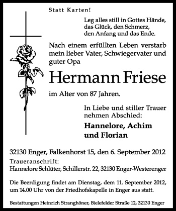 Traueranzeige von Hermann Friese von Neue Westfälische