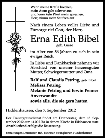 Traueranzeige von Erna Edith Bibel von Neue Westfälische