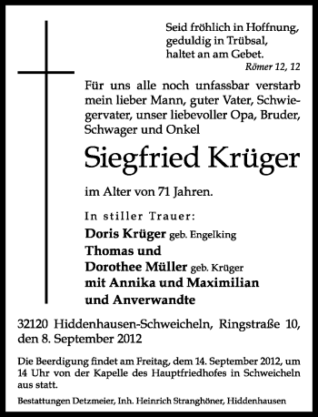 Traueranzeige von Siegfried Krüger von Neue Westfälische