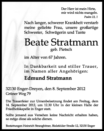 Traueranzeige von Beate Stratmann von Neue Westfälische