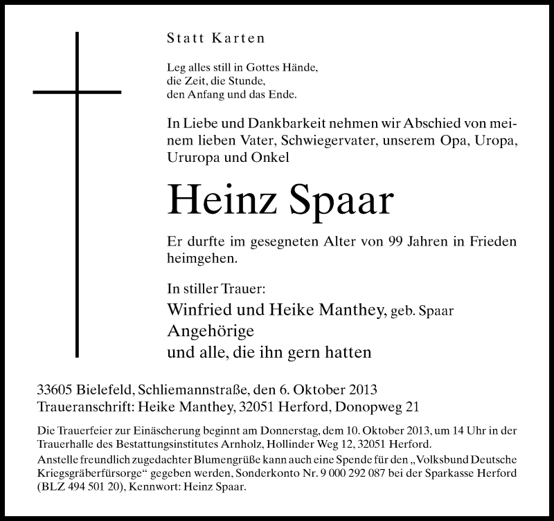  Traueranzeige für Heinz Spaar vom 08.10.2013 aus Neue Westfälische