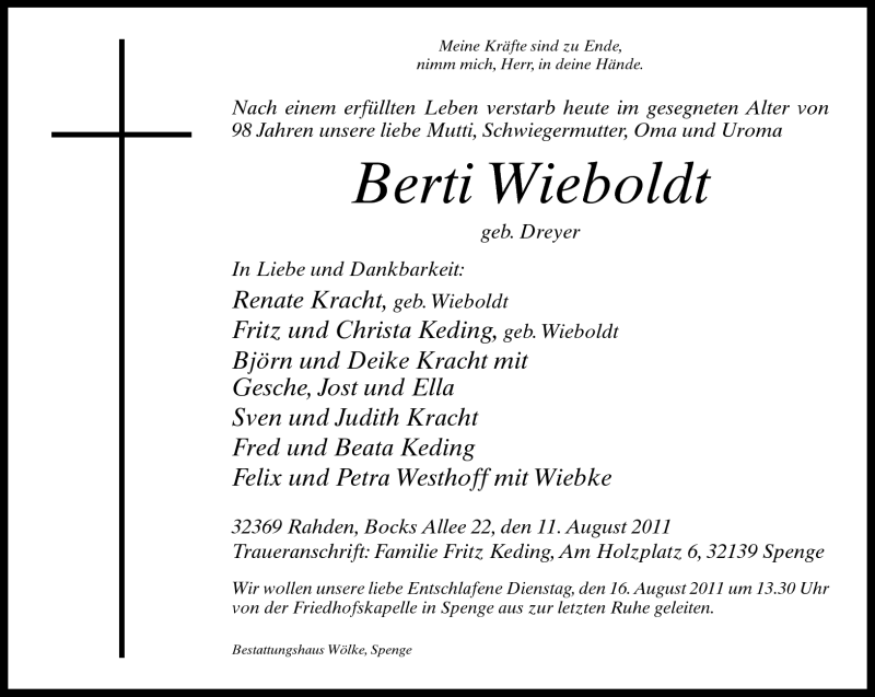 Traueranzeige für Berti Wieboldt vom 13.08.2011 aus Neue Westfälische