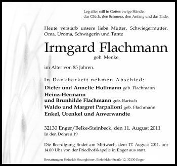 Traueranzeige von Irmgard Flachmann von Neue Westfälische