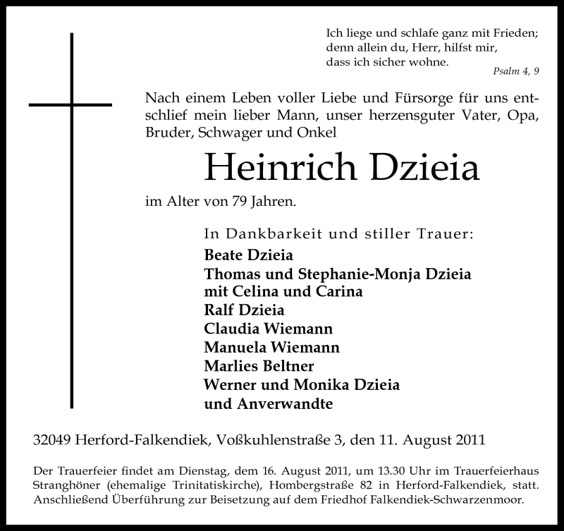  Traueranzeige für Heinrich Dzieia vom 13.08.2011 aus Neue Westfälische