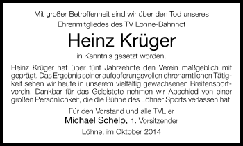 Traueranzeige von Heinz Krüger von Neue Westfälische