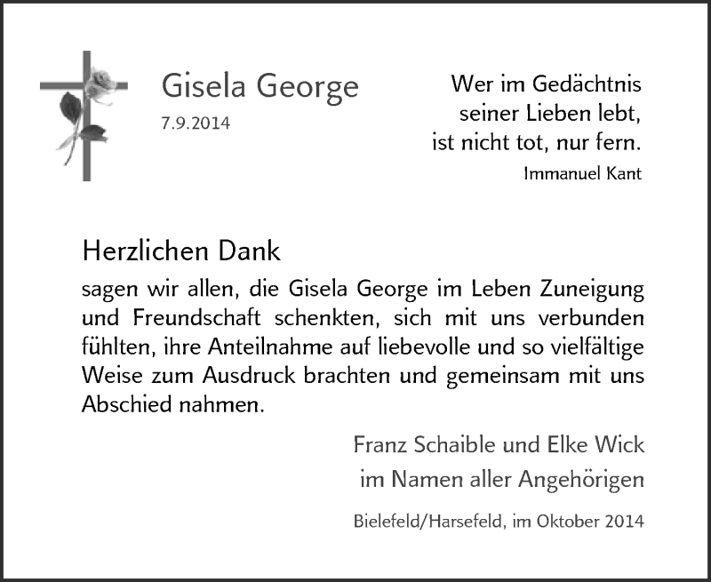  Traueranzeige für Gisela George vom 25.10.2014 aus Neue Westfälische