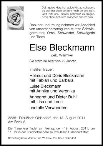 Traueranzeige von Else Bleckmann von Neue Westfälische