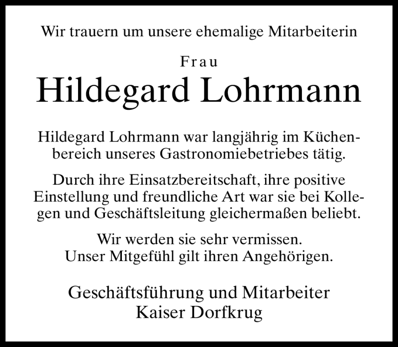  Traueranzeige für Hildegard Lohrmann vom 13.09.2012 aus Neue Westfälische