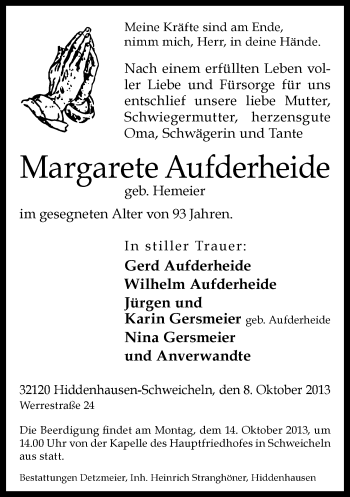 Traueranzeige von Margarete Aufderheide von Neue Westfälische